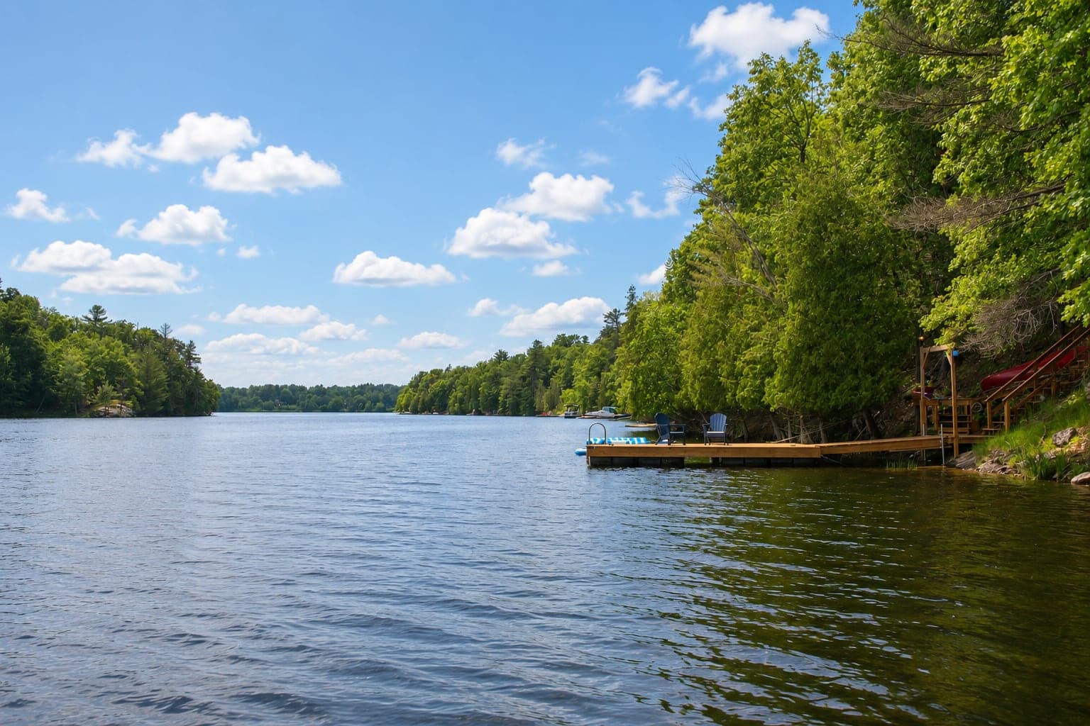 A wide Sand Lake view with the Birch Island Cottage dock along the wooded shoreline